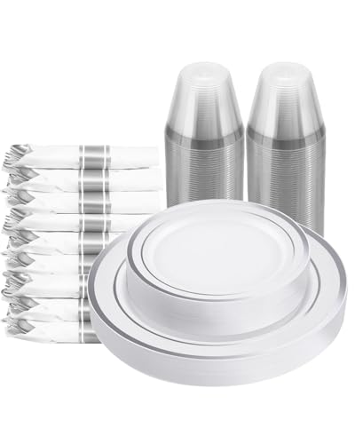 175 PCS White and Silver Plastic Dinnerware Set for 25 Guests, 50 Disposable Plates for Party, 25 Pre Rolled Napkins with Silver Silverware, 25 Cups - color: White Silver, size: 25 guests