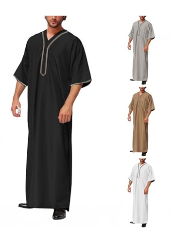 OMZIN Men's Middle East Beach Robe Summer V Neck Straight Thobe Traditional Plain Color Soft Kaftan - color: White, size: X-Large