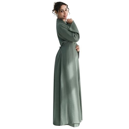 2PCS Women Muslim Abaya Dress Stand Collar Full Coverage Cardigan Dress Set - color: Green, size: Medium