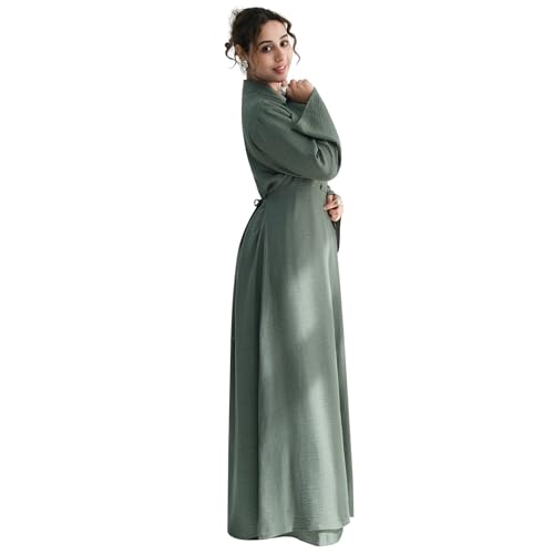 2PCS Women Muslim Abaya Dress Stand Collar Full Coverage Cardigan Dress Set - color: Green, size: X-Large
