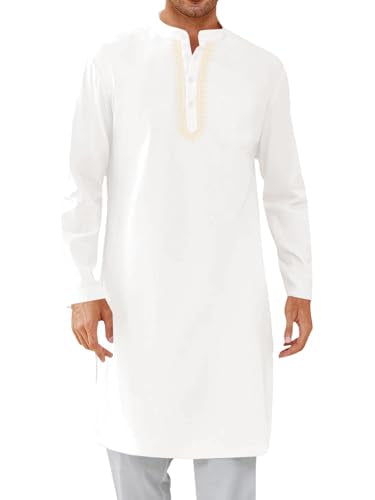 Yousify Mens Kaftan Thobe Casual Henley Shirts - color: White, size: Large