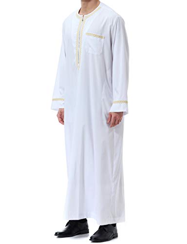 Islamic Mens Clothing Kaftan Maxi-Muslim Male Shirt Long Sleeve Abaya Dubai Cotton… - color: White, size: X-Large