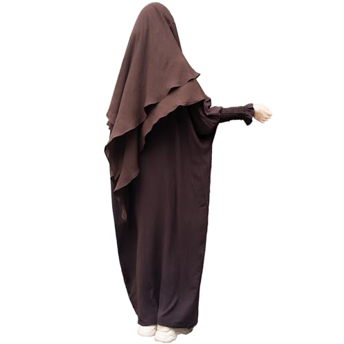 khalat Womens Muslim Prayer Dress Front Zipper Kaftan Islamic Robe Modest Solid Abayas for Women Muslim - color: Dark Coffee+hijab