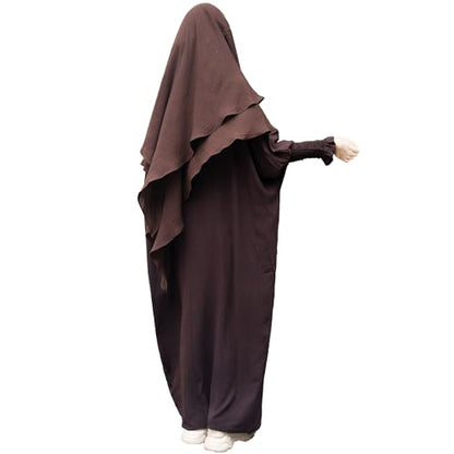 khalat Womens Muslim Prayer Dress Front Zipper Kaftan Islamic Robe Modest Solid Abayas for Women Muslim - color: Dark Coffee+hijab