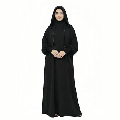 Abaya Muslim Dress Women Prayer Dress Long Sleeve Hooded Loose Maxi Dress Arabian Dubai Islamic Clothes - color: Black