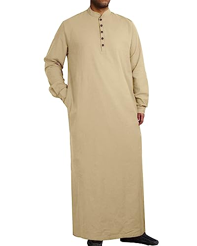Jacansi Men's Muslim Buttoned Thobe Long Tunic, Oversized & Extra Long, Arabic Style with Pockets - color: Khaki, size: Large