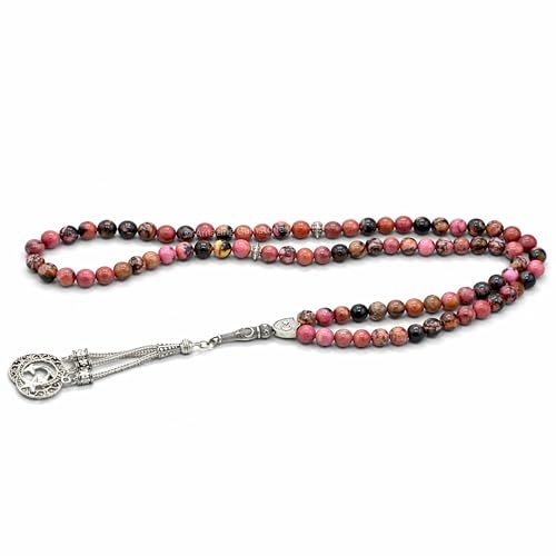 Amazing Gemstone Rhodonite Tasbeeh with Moon and Star Charm - Certified Crystal Muslim Prayer Beads Natural Gemstone Tasbih Gift for Ramadan Dhikr and Daily Namaz (S) - color: Rhodonite