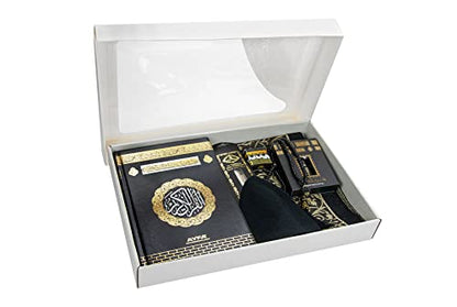 ihvan online Luxury Islamic Prayers Gift Box, Quran & Prayer Beads Tesbih & Muslim Prayer Rug & Miswak Stick & Solid Smell & Kufi Hats & Hacerul Esved, Deluxe 8 Piece Set Ramadan & Eid Gifts - color: Black / Set 4