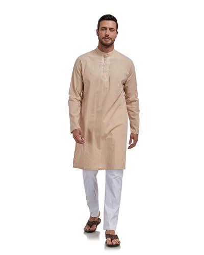 Jacansi Men's Cotton Linen Kaftan Thobe, Button Henley Long Sleeve Muslim Dress Robe - color: Khaki, size: 3X-Large