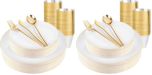 bUCLA 150PCS White and Gold Plastic Plates Disposable - 25 Guests Gold Dinnerware Set - Include 25 Each (Dinner & Dessert) Plates, 25 Knives, 25 Forks, 25 Spoons & 25 Cups for Party (Pack of 2) - color: White Gold, size: 25 Guests (Pack of 2)