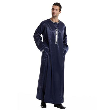 Men's Islamic Arab Kaftans Robe for Eid, Dubai Ramadan Daily Clothes - Muslim Thobe Shirt - color: B Navy, size: X-Large