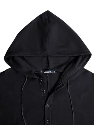 Jacansi Men's 65% Cotton 35% Linen Hooded Kaftan, Long Sleeve Button Down Thobe, Loose Casual Gown with Pockets - color: Black, size: Large