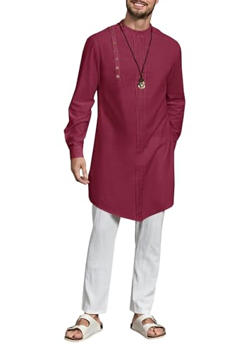 Gafeng Mens Kaftan Thobe Long Sleeve Robe Gown Casual Cotton Linen Button Muslim Shirt - color: Wine Red, size: Medium
