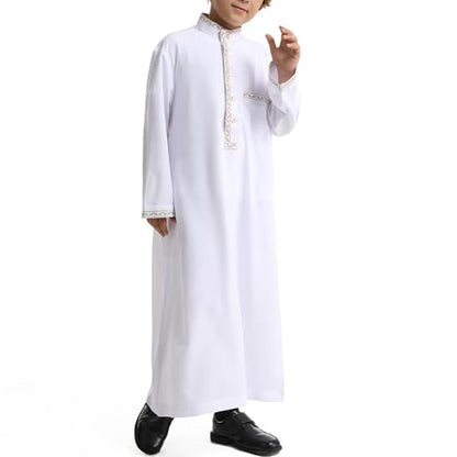 Muslim Thobe for Boys Islamic Thobe Long Sleeve Kaftan Stand Collar Button 𝐑obe Kids Ramadan Eid Outfit Prayer Clothes - color: White, size: 11-12 Years