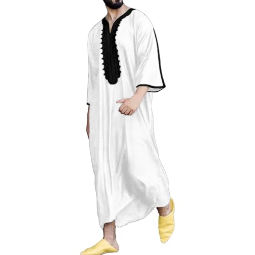 Muslim Robe for Men Arab Long Sleeve Kaftan Islamic Arabic Abaya Silk Thobe Ramadan Middle East Islamic Cloth Shirt Gown - color: #02-white, size: 4X-Large
