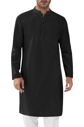 Runcati Mens Kaftan Thobe Textured Henley Shirt Long Sleeve Robe Casual Muslim Gown Shirt - color: Black, size: Medium