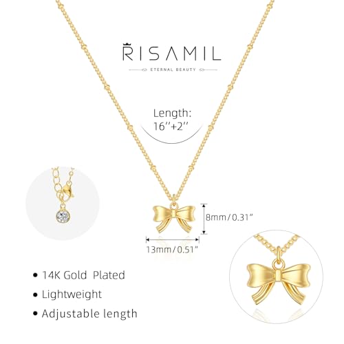 Risamil 여성용 골드 목걸이 - 리본 목걸이 14K 앙증맞은 골드 목걸이 귀엽고 작은 나비 펜던트 초커 체인 목걸이 트렌디 목걸이 여성용 골드 주얼리 선물 - color: 리본 목걸이-6