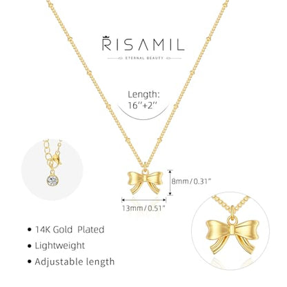 Risamil 여성용 골드 목걸이 - 리본 목걸이 14K 앙증맞은 골드 목걸이 귀엽고 작은 나비 펜던트 초커 체인 목걸이 트렌디 목걸이 여성용 골드 주얼리 선물 - color: 리본 목걸이-6