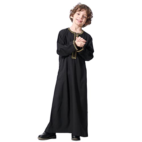 OBEEII Boy's Muslim Arab Solid Color Thobe Long Sleeve Kaftan Embroidered Robe Islamic Arabic Abaya Thobe - color: Black, size: 7-8 Years