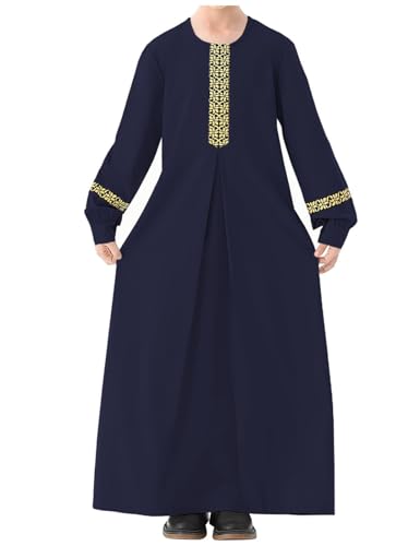 WSPLYSPJY Long Sleeve Abaya for Girls Muslim Islamic Dresses Kids Printed Maxi Prayer Clothes Robe - color: Navy Blue, size: 13-14 Years