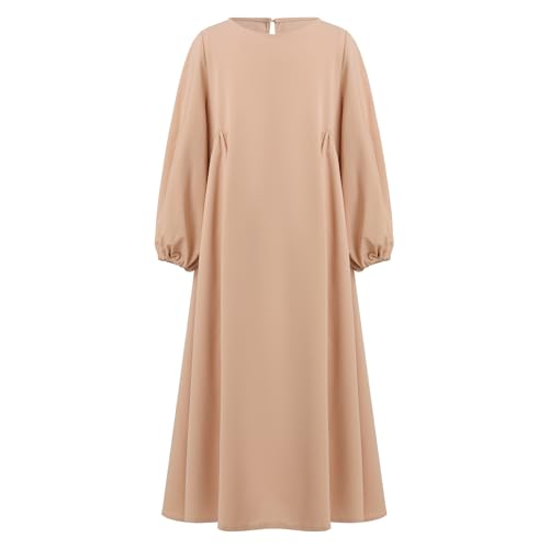 Kids Girls Muslim Abaya Long Lantern Sleeve Robe Maxi Dress Dubai Islamic Pleated Prayer Dress Full Cover Kaftan Casual - color: Khaki, size: 9-10 Years