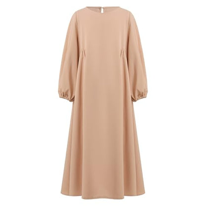 Kids Girls Muslim Abaya Long Lantern Sleeve Robe Maxi Dress Dubai Islamic Pleated Prayer Dress Full Cover Kaftan Casual - color: Khaki, size: 9-10 Years