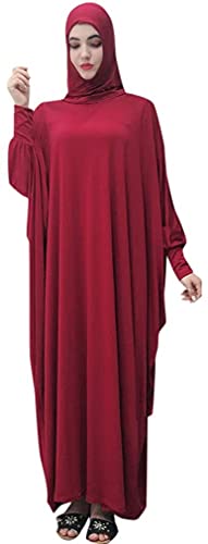 FPOVFPO Womens Solid One-Piece Prayer Dress Muslim Abaya Islamic Maxi Breathable Ramadan Dress Kaftan Hijab - color: Red