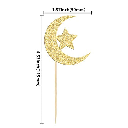 36 Pack Gold Glitter Moon and Star Eid Mubarak Cupcake Topper Ramadan Kareem Party Supplies Islamic Muslim Party Decorations - color: Gold-3