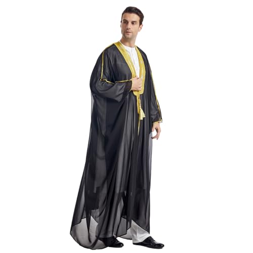 Muslim Thobe for Men Kaftan Robe Ramadan Abaya Prayer Dress Chiffon Open Front Embroidered Cardigan Islam Dubai Thobe Kimono - color: Black, size: Large