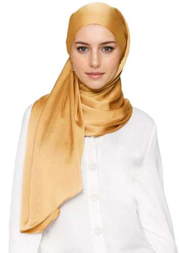 Lina & Lily Premium Crinkled Satin Hijab Head Scarf Shawl for Muslim Women - color: Gold
