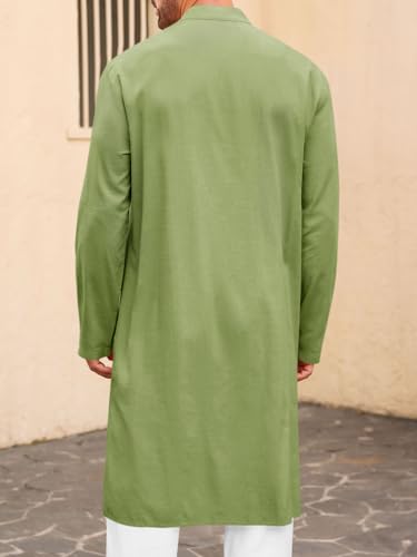 Runcati Mens Kaftan Thobe Button Down Long Sleeve Robe Casual Henley Shirt Cotton Muslim Gown Kurta Tops - color: Army Green, size: Large