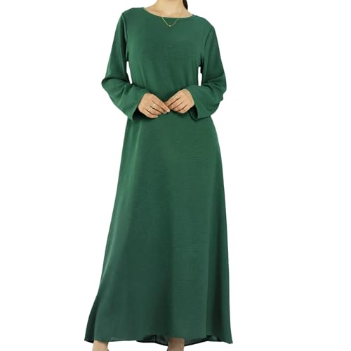 Women Abaya Muslim Dress Long Sleeve Modest Prayer Maxi Kaftan Islamic Clothes with Pockets - color: Dark Green, size: Small