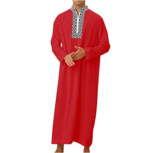 Ctreela Mens Zip V Neck Kaftan Thobe Button Down Casual Henley Shirts Long Sleeve Robe Ramadan Muslim Gown Thawb Shirts - color: Red, size: Small