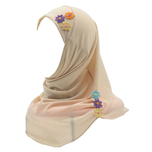 Girls Instant Hijab – Soft Kids Muslim Scarf with Flower, Breathable One-Piece Headscarf for Toddlers Age 2-8 - color: Cream