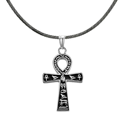 Ankh Cross Pendant Ancient Egyptian Hieroglyphic Symbol of Health and Eternal Life Men Cross Necklace with Tiger Eye Stone Obsidian Hematite Triple Protection Crystal Beads Chain - color: Black-Silver with Leather Belt