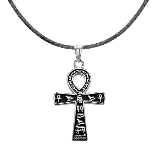 Ankh Cross Pendant Ancient Egyptian Hieroglyphic Symbol of Health and Eternal Life Men Cross Necklace with Tiger Eye Stone Obsidian Hematite Triple Protection Crystal Beads Chain - color: Black-Silver with Leather Belt
