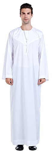 New Solid Color Robe Kaftan Muslim Clothes for Men, Thobe Long Gown Saudi Arabia Dubai Shirt - color: White, size: Large