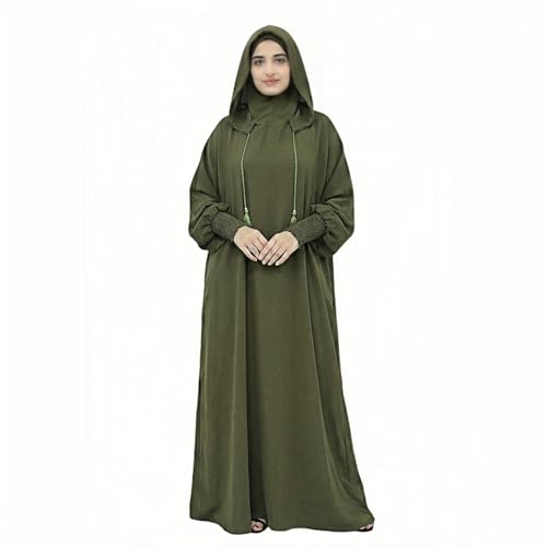 Abaya Muslim Dress Women Prayer Dress Long Sleeve Hooded Loose Maxi Dress Arabian Dubai Islamic Clothes - color: Army Green