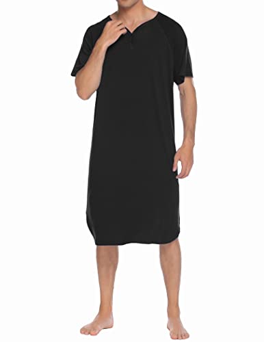 Ekouaer Sleepwear Men's Nightshirt Short Sleeve Pajamas Comfy Big & Tall Henley Sleep Shirt M-XXXL - color: Black, size: Large