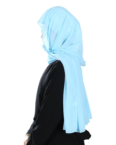 Magnetic Chiffon Hijab Scarf for Women, Quick Snap Closure Headscarf, Breathable Muslim Headwrap with Under Cap - color: Sky Chiffon