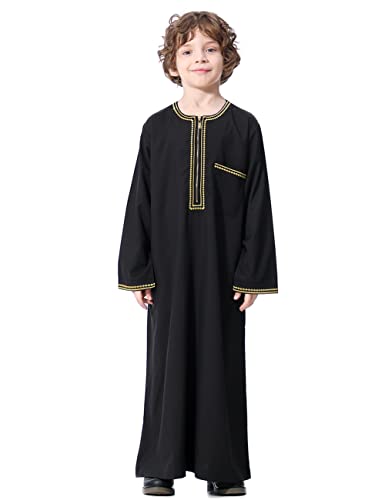 Qianliniuinc Boy's Islamic Dress Round Collar - Youth Long Sleeve Muslim Thobe Arabic Robe Embroidery Clothes with Pockets - color: Black, size: 23
