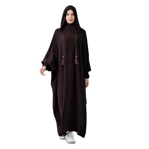 Abaya Muslim Dress Women Prayer Dress Long Sleeve Hooded Loose Maxi Dress Arabian Dubai Islamic Clothes - color: Dark Coffee
