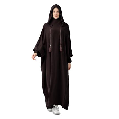 Abaya Muslim Dress Women Prayer Dress Long Sleeve Hooded Loose Maxi Dress Arabian Dubai Islamic Clothes - color: Dark Coffee