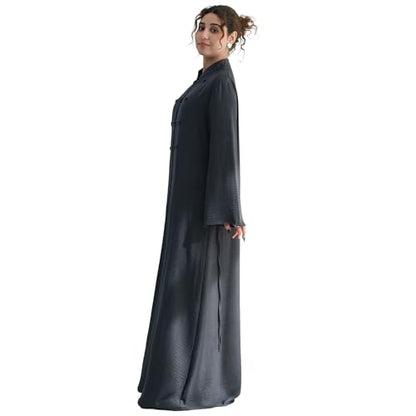 2PCS Women Muslim Abaya Dress Stand Collar Full Coverage Cardigan Dress Set - color: Dark Gray, size: X-Large