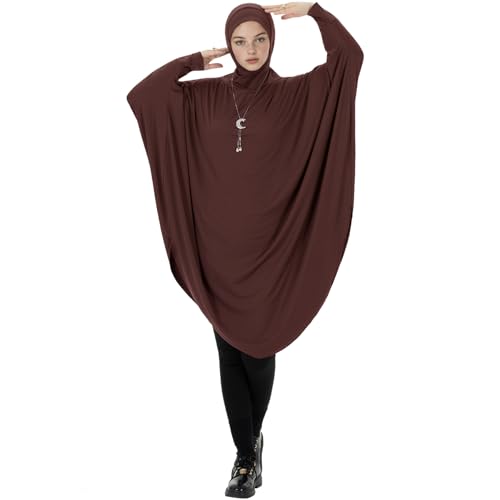 Muslim Abaya Dress for Women Highly Stretchy Batwing Hooded Prayer Hijab - color: Coffee, size: Large