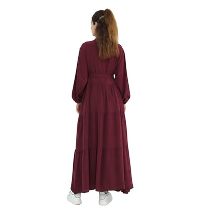 Prlemend Two-Pieces Abaya for Women Muslim Robe with Belt Prayer Dress Set | 2PCs, with Belt, Cake Skirt - color: Wine Red, size: Large