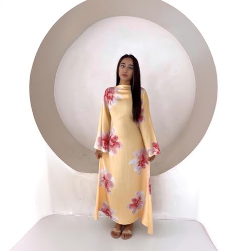 FYMNSI Womens Muslim Dresses Bell Sleeve Floral Butterfly Abaya Modest Dubai Kaftan Islamic Dress Eid Ramadan Prayer Clothes - color: Yellow, size: X-Large