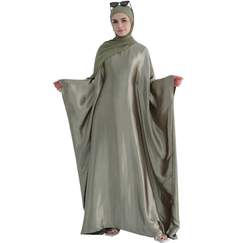 Abaya Muslim Dress Women Satin Prayer Dress Batwing Long Sleeve Middle East Arabian Robe with Hijab - color: Olive Green, size: Size 1