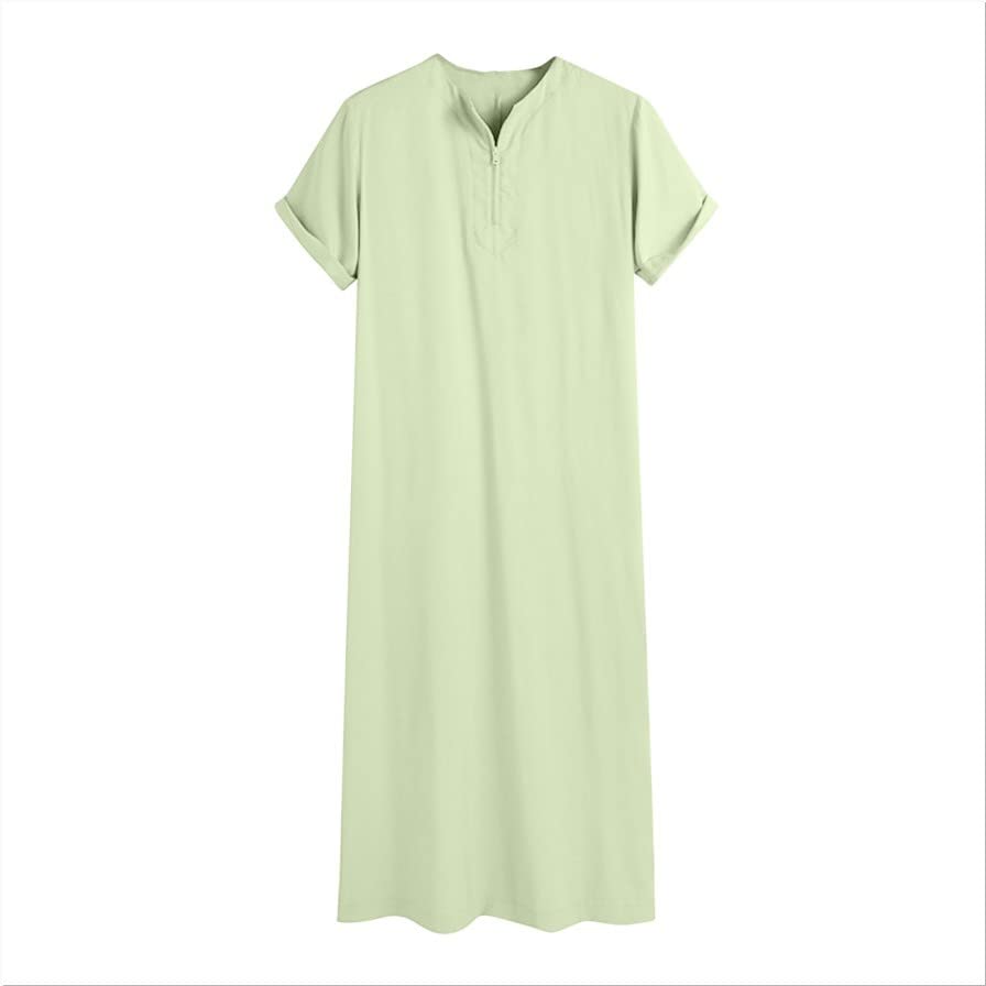 Mens Muslim Thobe Short Sleeve Crewneck Long Gown Casual Lightweight Breathable Big and Tall Robe Ethnic Clothes - color: Light Green, size: 4X-Large