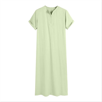 Mens Muslim Thobe Short Sleeve Crewneck Long Gown Casual Lightweight Breathable Big and Tall Robe Ethnic Clothes - color: Light Green, size: X-Large